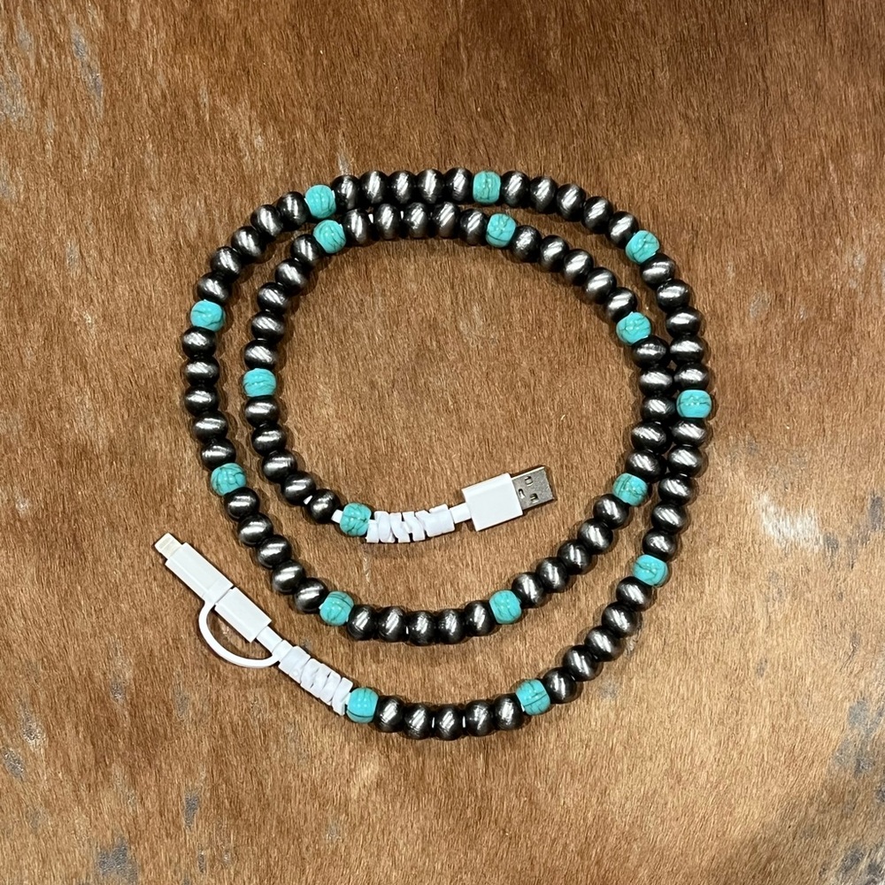 Beaded USB Charging Cable - Black and Turquoise